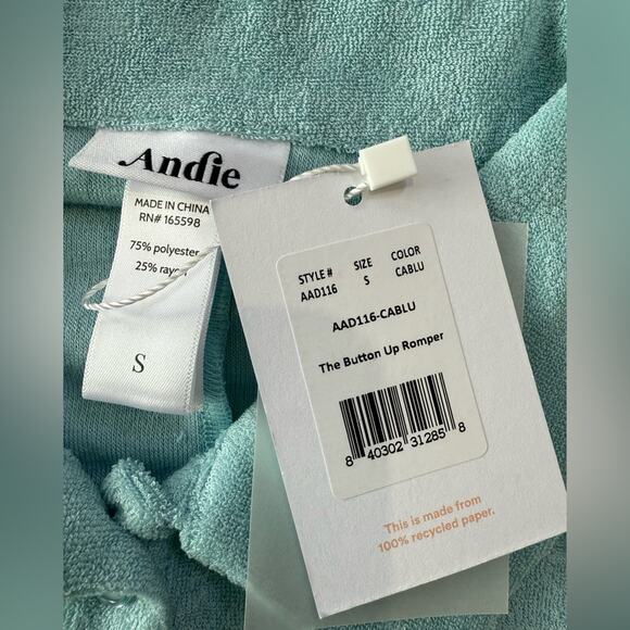 NWT Andie Swim Terry Button-Up Short Romper Cablu Blue Swim Cover Size S - Picture 6 of 9
